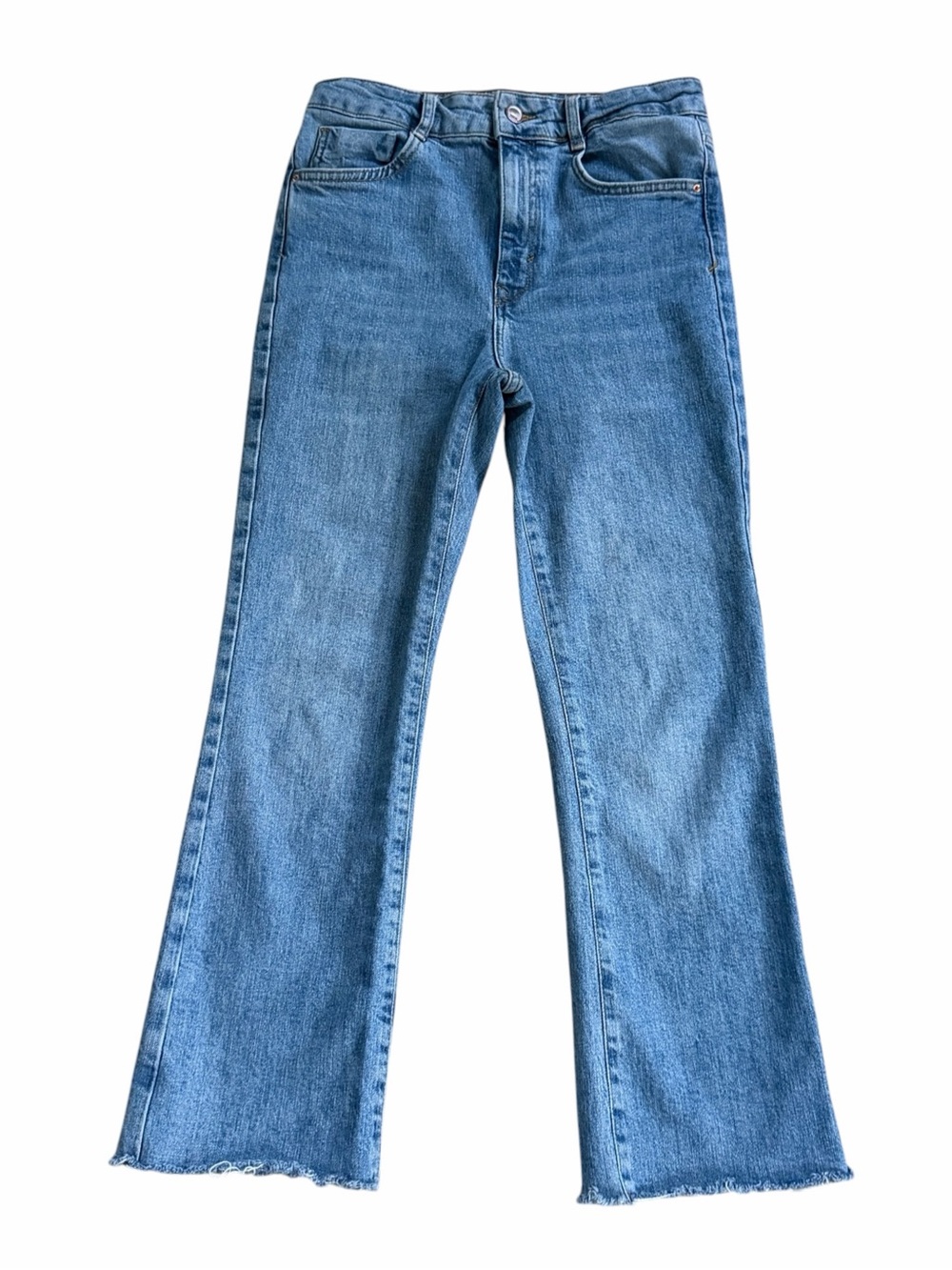 Zara High Rise Frayed Hem Straight Leg Crop Jeans Size 8